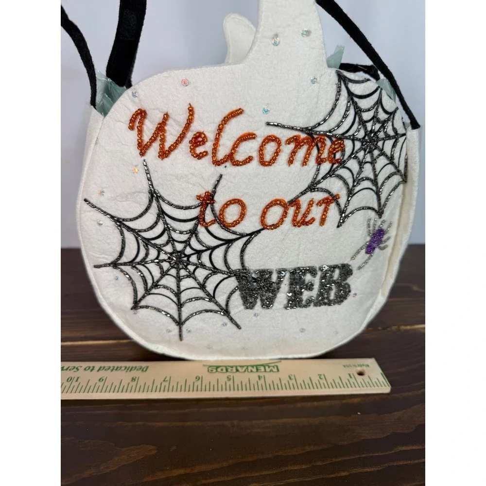 Halloween Trick Or Treat Bag Welcome‎ To Our Web Beaded Sparkle Felt